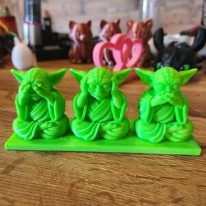 Neon Green Three Wise Yoda Statues - See Hear Speak No Evil